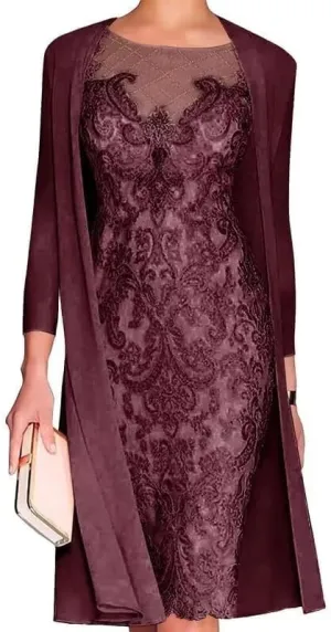2 PCs Tea Length Mother of The Bride Dresses for Wedding with Jacket Lace Appliques Chiffon Formal Evening Party Gowns