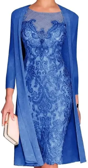 2 PCs Tea Length Mother of The Bride Dresses for Wedding with Jacket Lace Appliques Chiffon Formal Evening Party Gowns