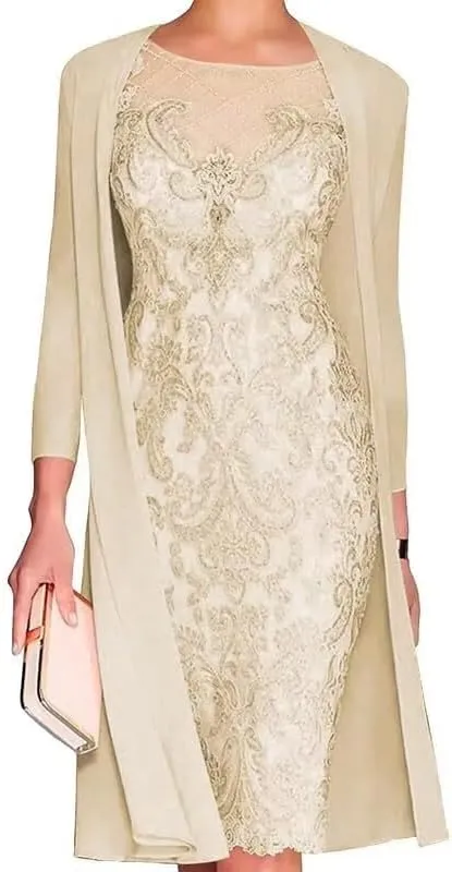 2 PCs Tea Length Mother of The Bride Dresses for Wedding with Jacket Lace Appliques Chiffon Formal Evening Party Gowns