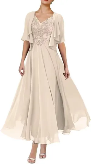 2 Piece Applique Mother of The Bride Dress Chiffon Lace Formal Evening Gown for Women with Ruffles Pockets Jacket