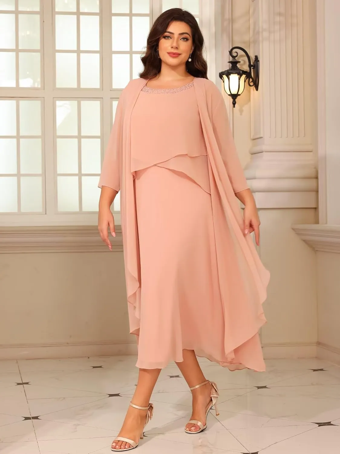 2 Piece Chiffon Mother of The Bride Dresses with Jacket Seuqin Formal Evening Dress VS159