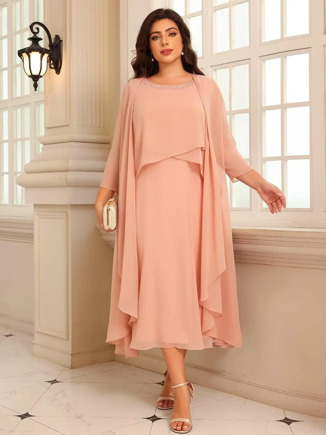 2 Piece Chiffon Mother of The Bride Dresses with Jacket Seuqin Formal Evening Dress VS159