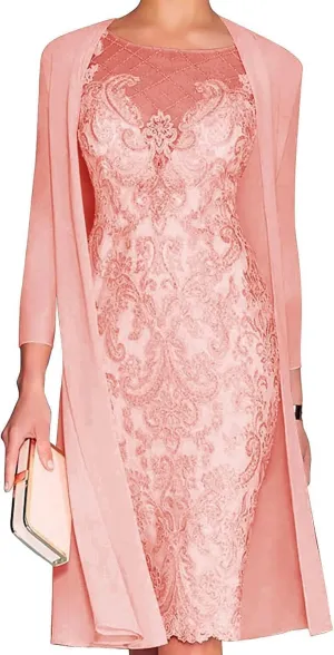 2 Pieces Mother of The Bride Dresses for Wedding Formal Evening Gowns Appliques Chiffon Knee Wedding Guest Dress