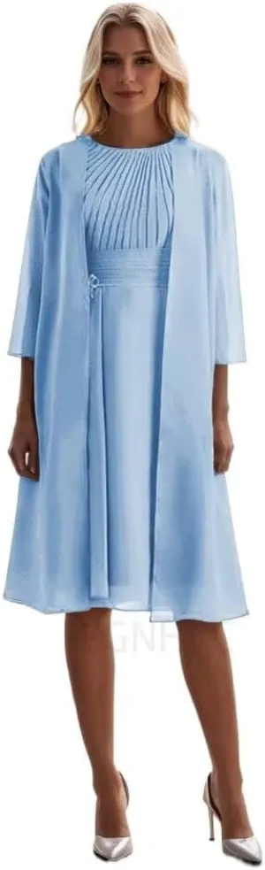 2 Pieces Mother of The Bride Dresses for Wedding Tea Length Chiffon Formal Evening Dresses with Jacket