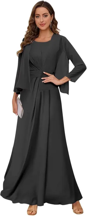 2 Pieces Mother of The Bride Dresses with Jacket Ruched Chiffon Formal Evening Wedding Guest Gown