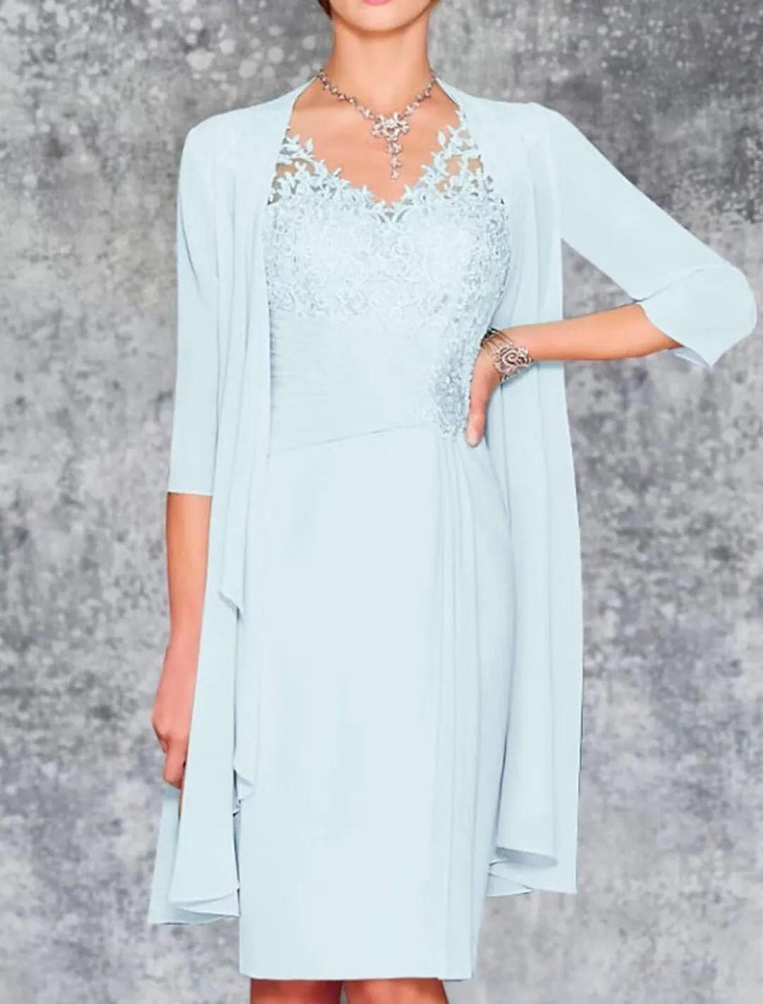 2 Pieces Mother of The Bride Dresses with Jacket V Neck Lace Long Sleeve Chiffon Formal Evening Gowns