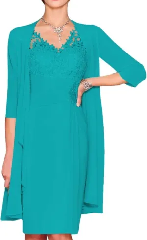 2 Pieces Mother of The Bride Dresses with Jacket V Neck Lace Long Sleeve Chiffon Formal Evening Gowns