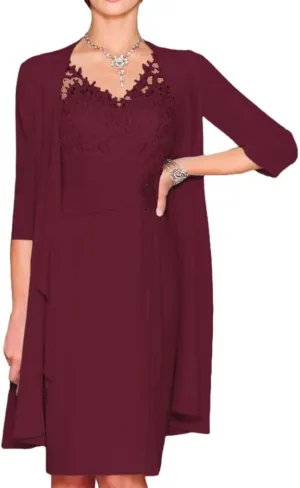 2 Pieces Mother of The Bride Dresses with Jacket V Neck Lace Long Sleeve Chiffon Formal Evening Gowns