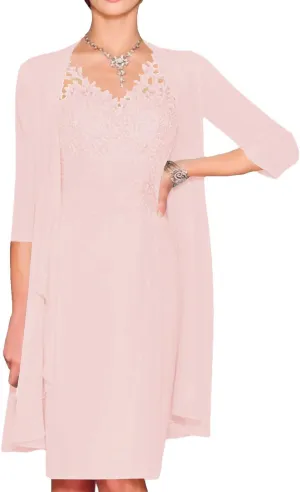 2 Pieces Mother of The Bride Dresses with Jacket V Neck Lace Long Sleeve Chiffon Formal Evening Gowns