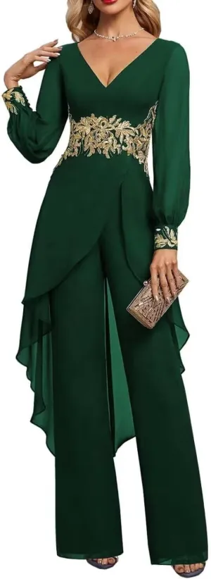 2 Pieces Mother of The Bride Pant Suits for Wedding Lace Appliques Chiffon Pantsuits for Wedding Guest