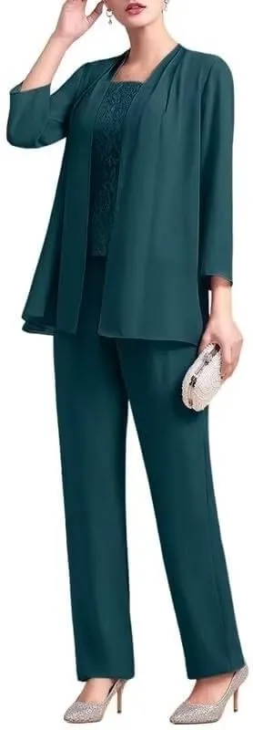 3 Pieces Mother of The Bride Dresses Pant Suits for Women Chiffon Lace Formal Outfit Evening Dress with Jacket