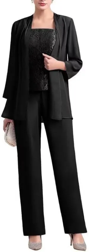 3 Pieces Mother of The Bride Dresses Pant Suits for Women Chiffon Lace Formal Outfit Evening Dress with Jacket