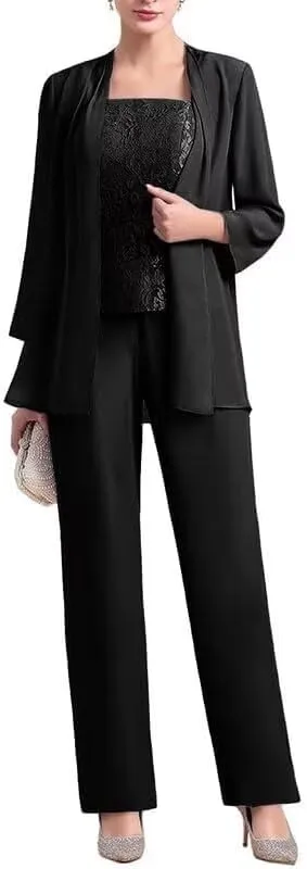 3 Pieces Mother of The Bride Dresses Pant Suits for Women Chiffon Lace Formal Outfit Evening Dress with Jacket