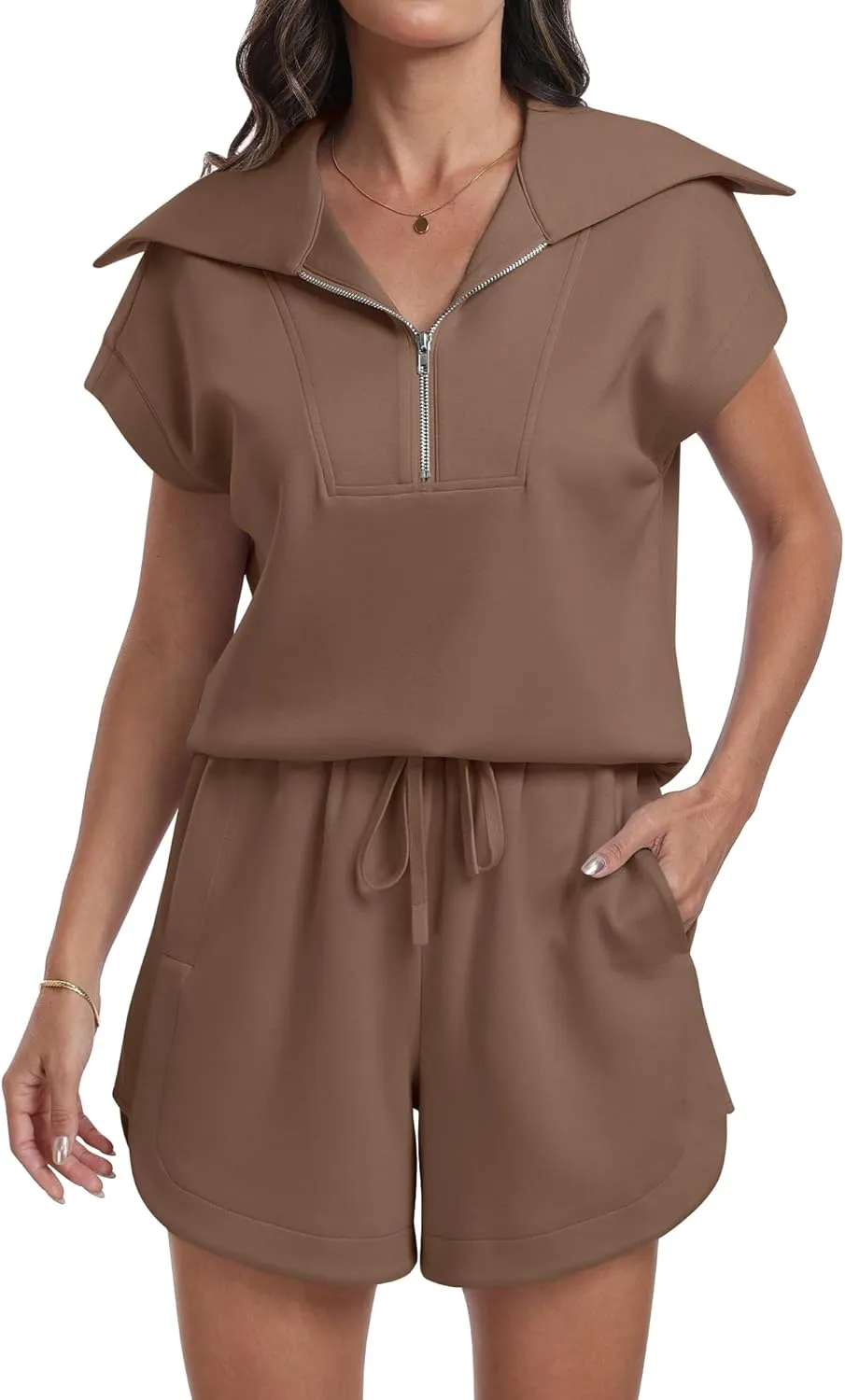 ANRABESS Two Piece Sets for Women Summer Half Zip Short Set Sweatsuit 2 Piece Outfits Sweat Lounge Sets Tracksuit