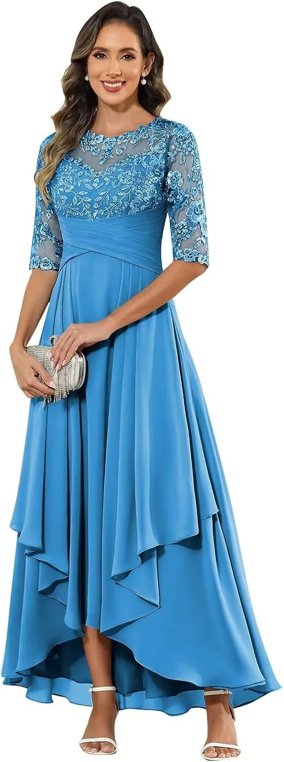 BANTRATIC Women's Ankle Length Mother of The Bride Dresses for Wedding Lace Appliques Crew Neck Tiered Formal Evening Gown
