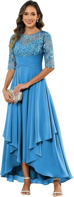 BANTRATIC Women's Ankle Length Mother of The Bride Dresses for Wedding Lace Appliques Crew Neck Tiered Formal Evening Gown