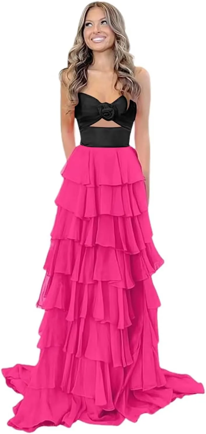 BITALY 3D Flower Ruffles Prom Dresses for Women Chiffon Tiered 2025 Strapless Formal Evening Dress with Slit BI177
