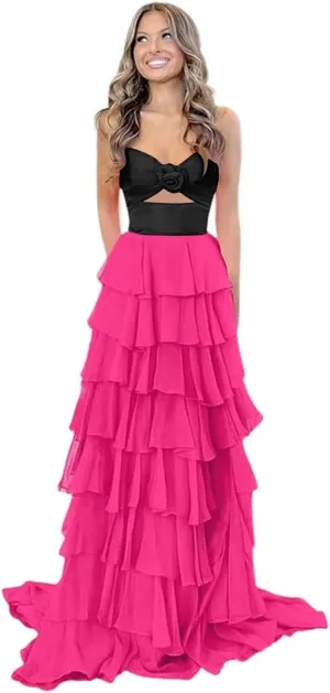 BITALY 3D Flower Ruffles Prom Dresses for Women Chiffon Tiered 2025 Strapless Formal Evening Dress with Slit BI177