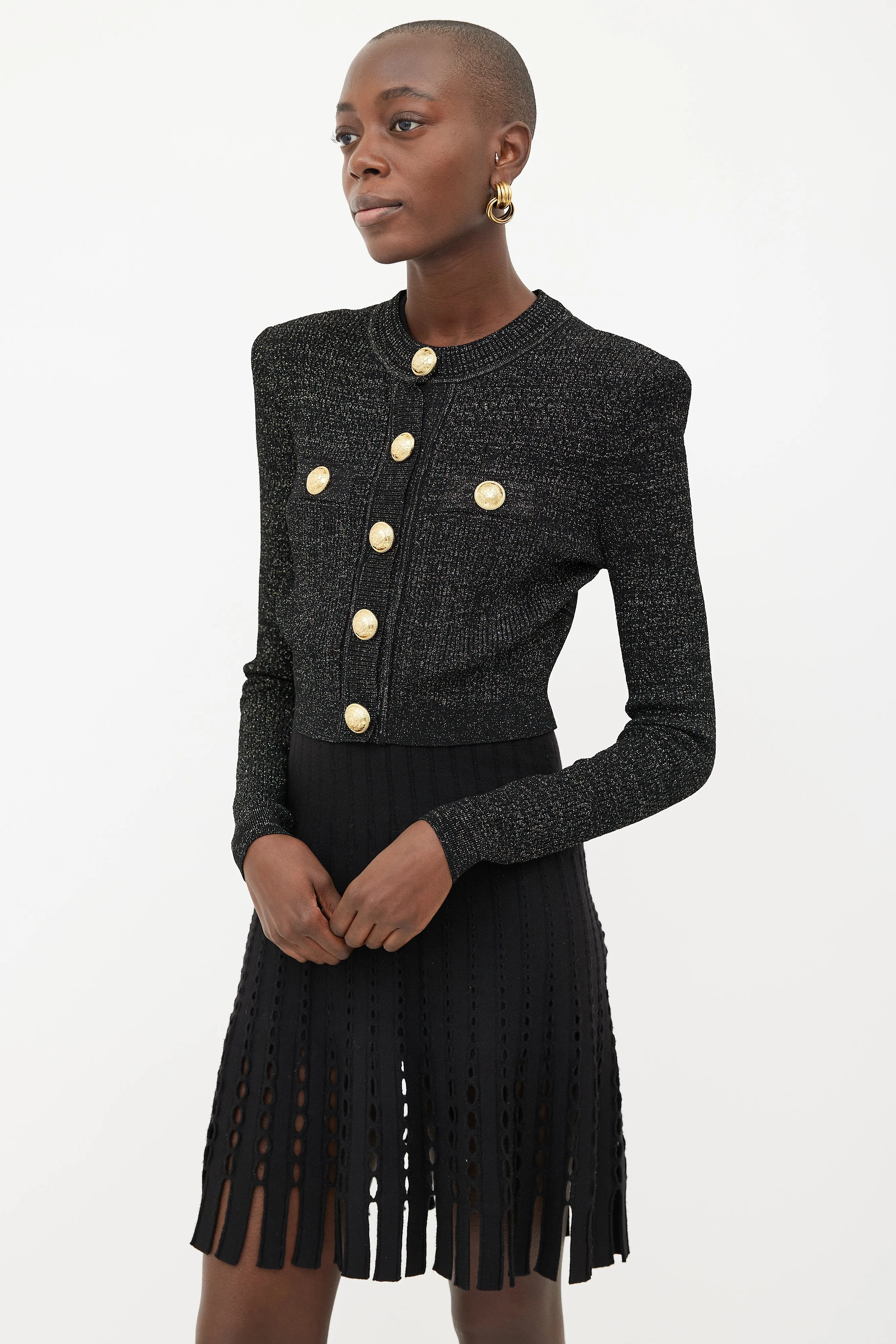 Black & Gold Buttoned Shimmer Knit Cardigan