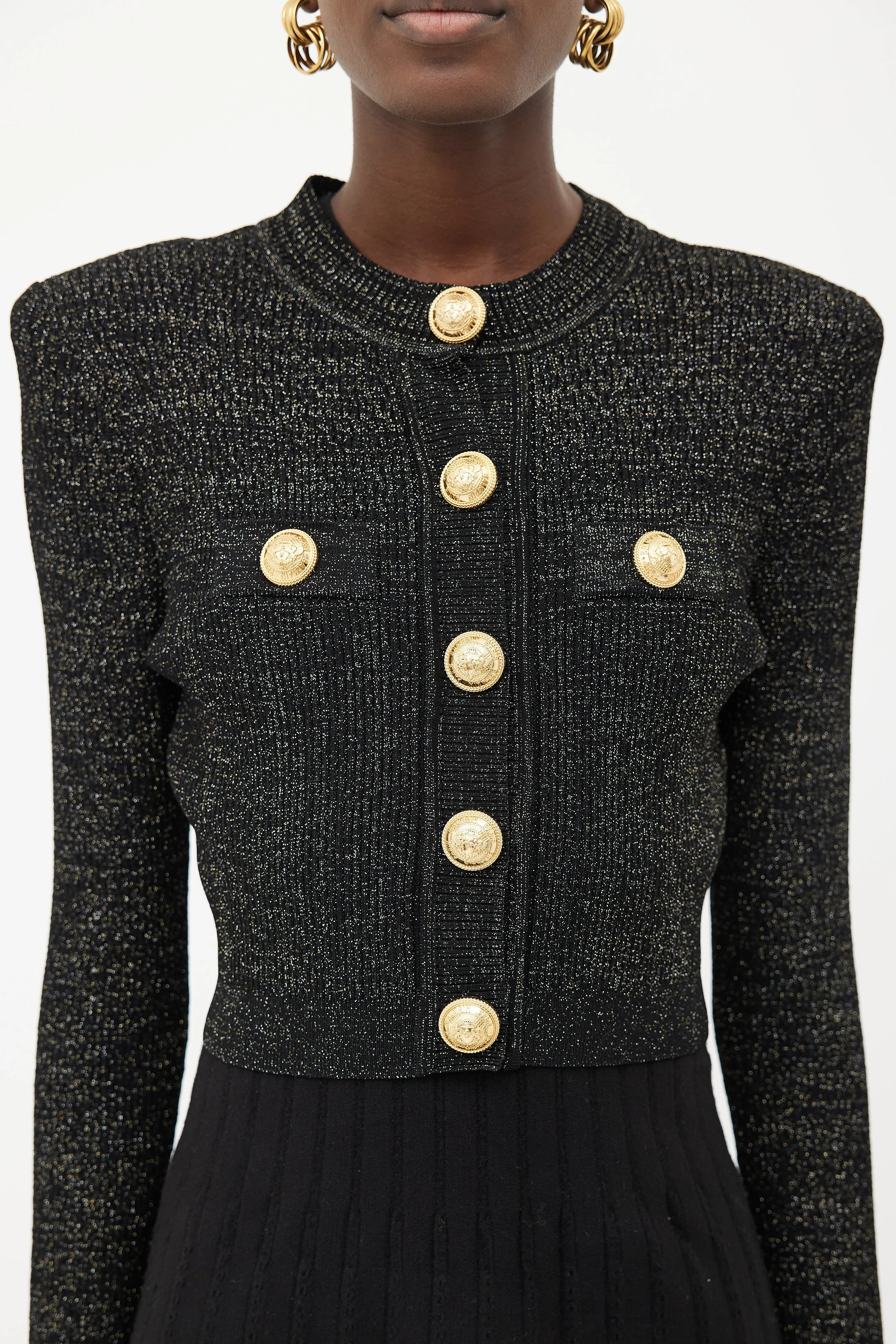 Black & Gold Buttoned Shimmer Knit Cardigan