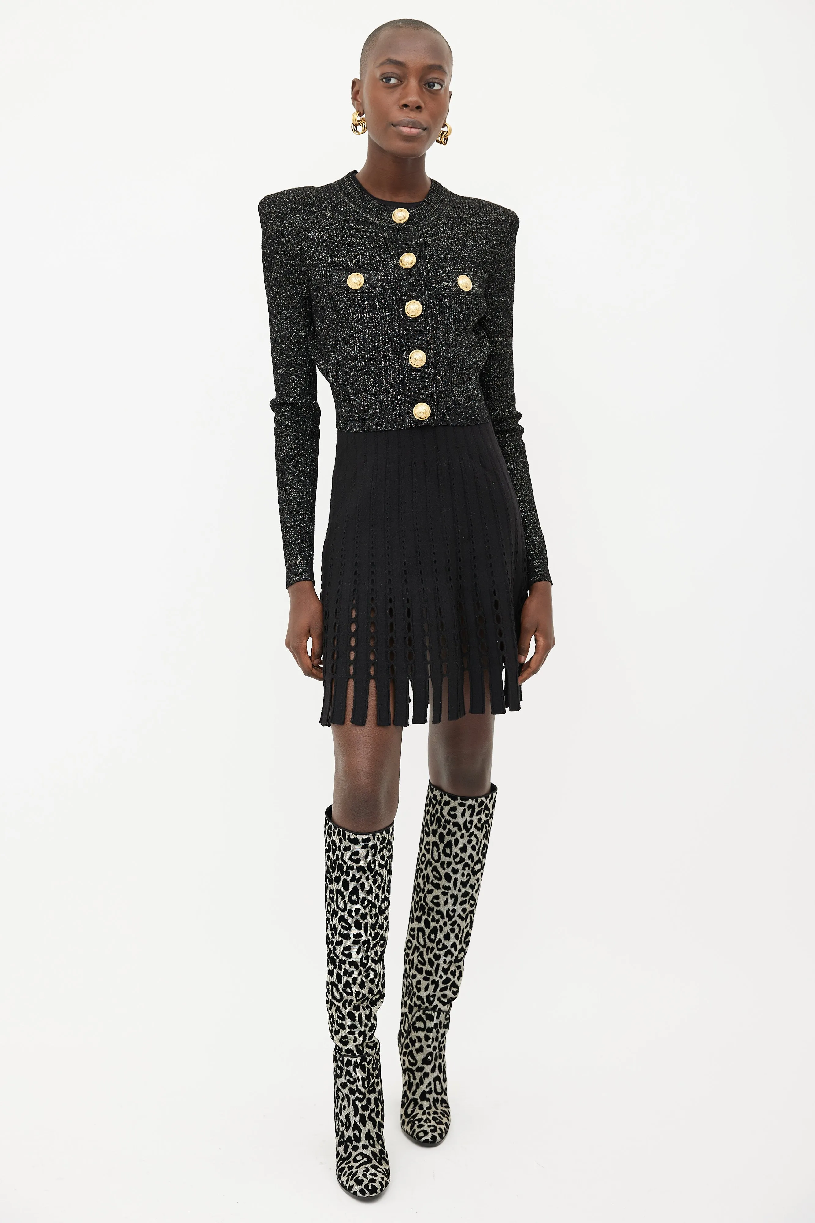 Black & Gold Buttoned Shimmer Knit Cardigan