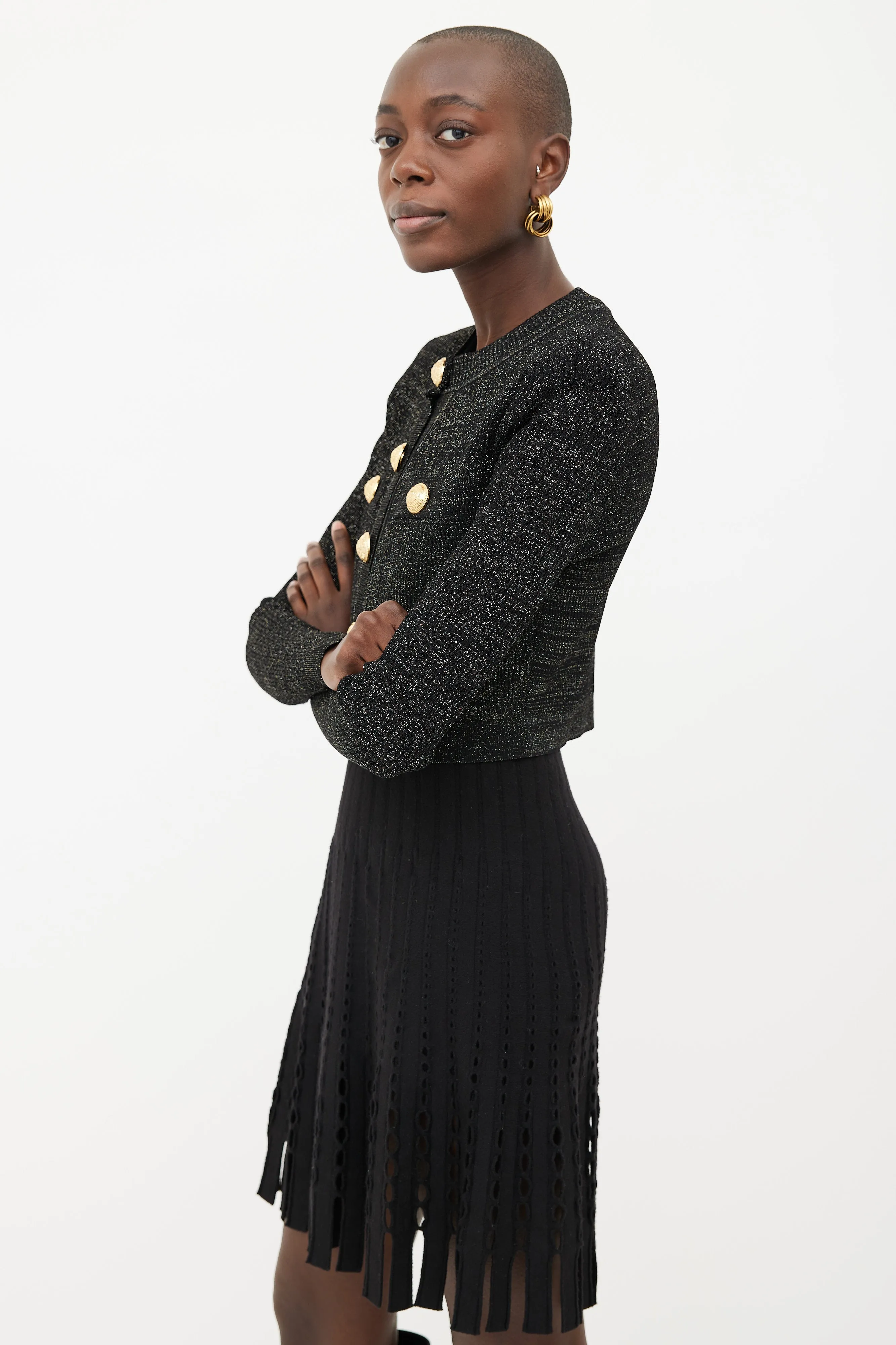 Black & Gold Buttoned Shimmer Knit Cardigan