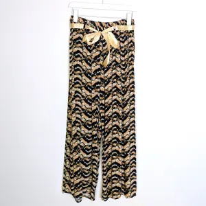 Blotted print pure viscose trousers with gold ribbon belt (M)