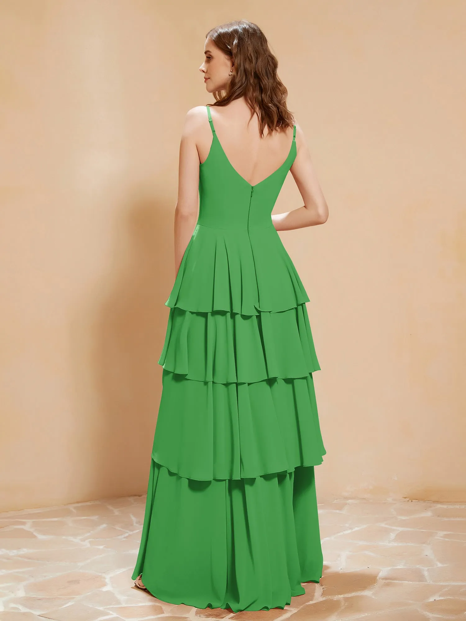 Boho V-neck Floor-length Dress Flowy Ruffles Green