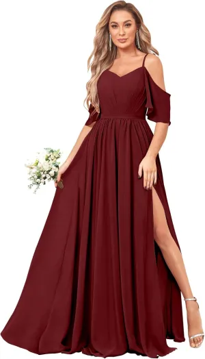 BOLENSYE Women's Off The Shoulder Bridesmaid Dresses Long with Slit Chiffon A-Line Formal Evening Gown