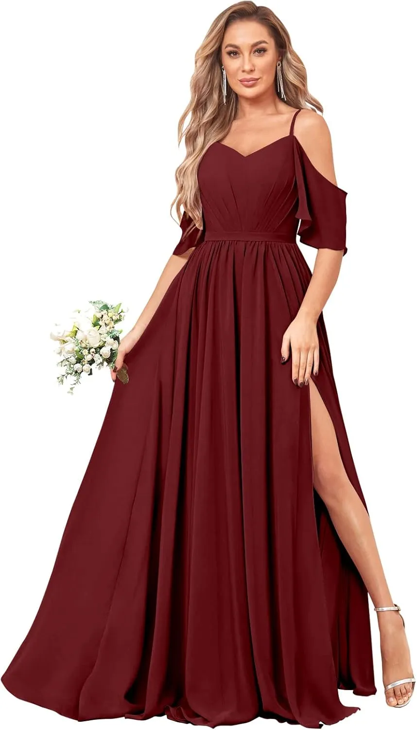 BOLENSYE Women's Off The Shoulder Bridesmaid Dresses Long with Slit Chiffon A-Line Formal Evening Gown