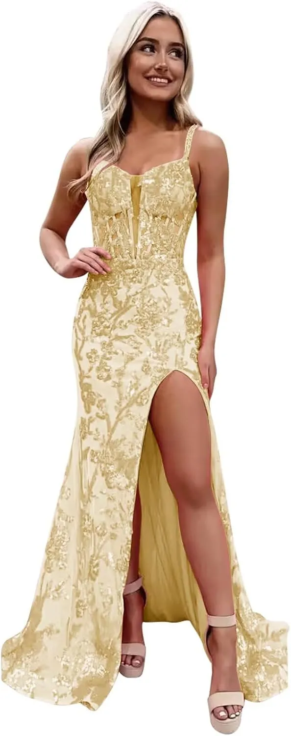 BONOYUER Mermaid Prom Dresses 2025 with Slit for Women Spaghetti Straps Sparkly Sequin Formal Evening Dress