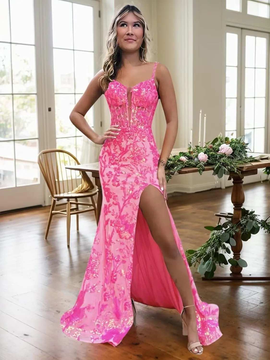 BONOYUER Mermaid Prom Dresses 2025 with Slit for Women Spaghetti Straps Sparkly Sequin Formal Evening Dress