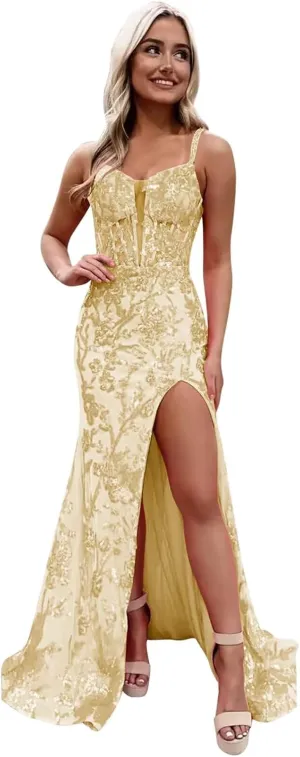 BONOYUER Mermaid Prom Dresses 2025 with Slit for Women Spaghetti Straps Sparkly Sequin Formal Evening Dress