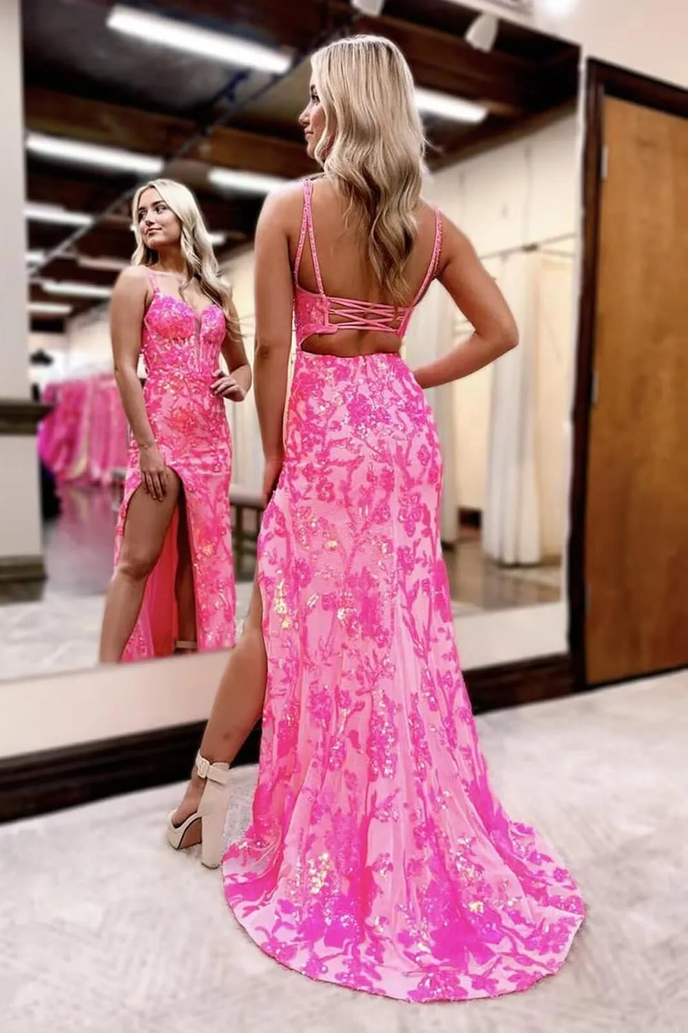 BONOYUER Mermaid Prom Dresses 2025 with Slit for Women Spaghetti Straps Sparkly Sequin Formal Evening Dress