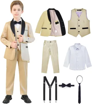 Boy Suits 7 Piece Set Slim Fit Formal Tuxedo Suit with Tuxedo Jacket Vest Pants for Kids Wedding Ring Bearer Party
