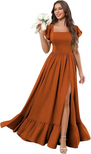 Bridesmaid Dresses with Sleeves for Women Square Neck Chiffon Ruffled Formal Party Dress with Slit