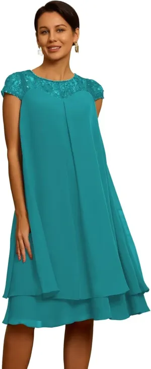 Cap Sleeve Chiffon Mother of The Bride Dresses Scoop Neck Sequins Laces Formal Evening Dress ZX83