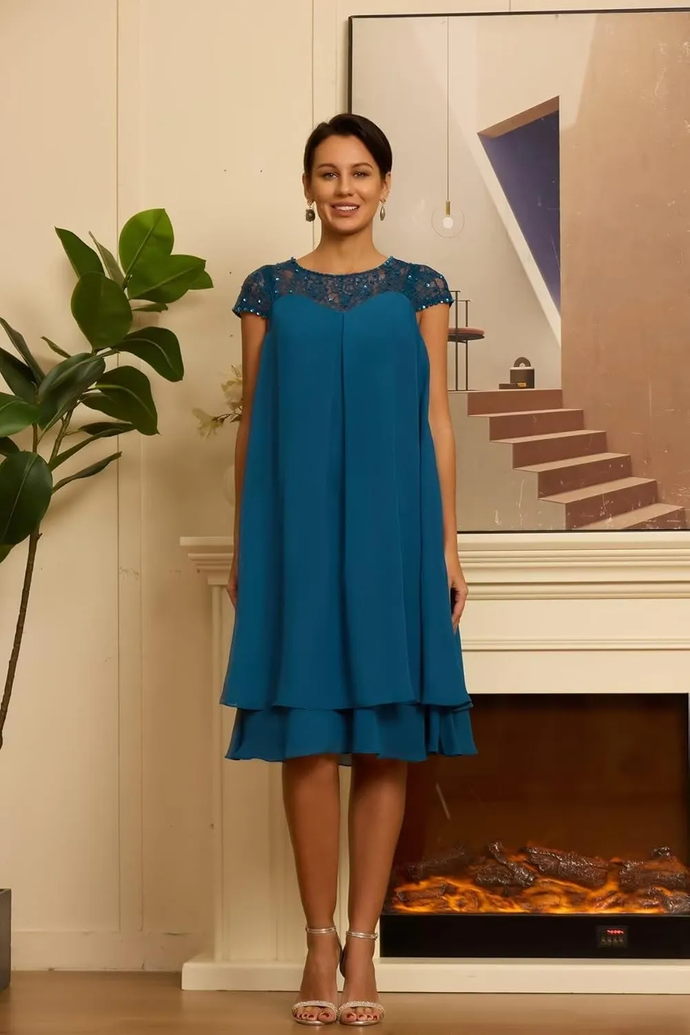 Cap Sleeve Chiffon Mother of The Bride Dresses Scoop Neck Sequins Laces Formal Evening Dress ZX83