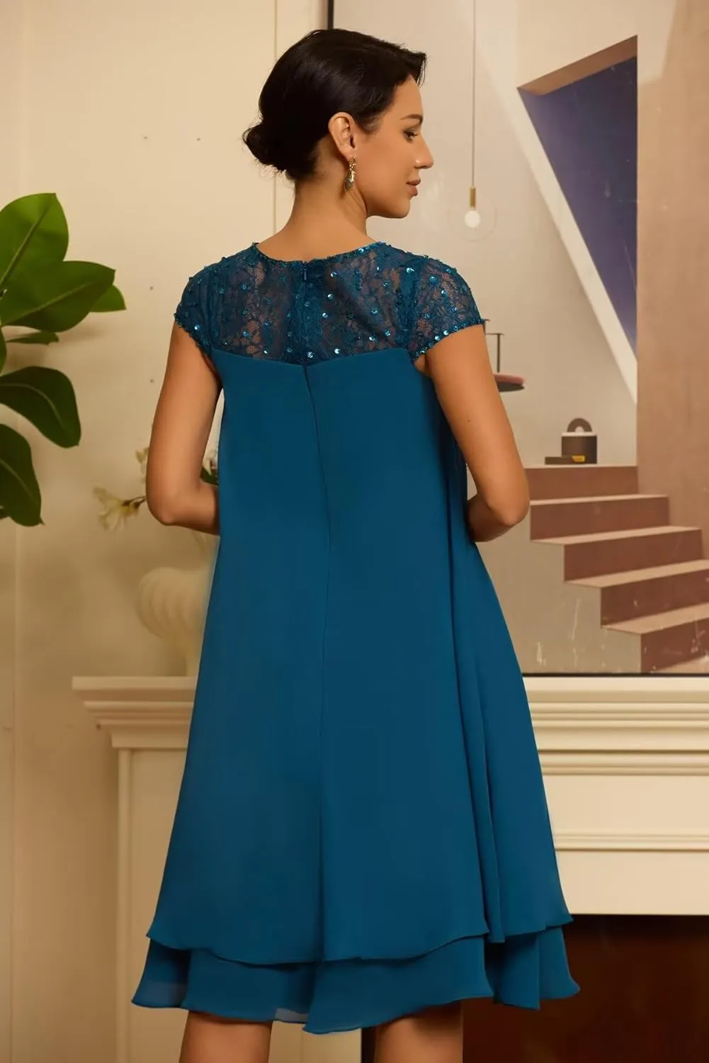 Cap Sleeve Chiffon Mother of The Bride Dresses Scoop Neck Sequins Laces Formal Evening Dress ZX83
