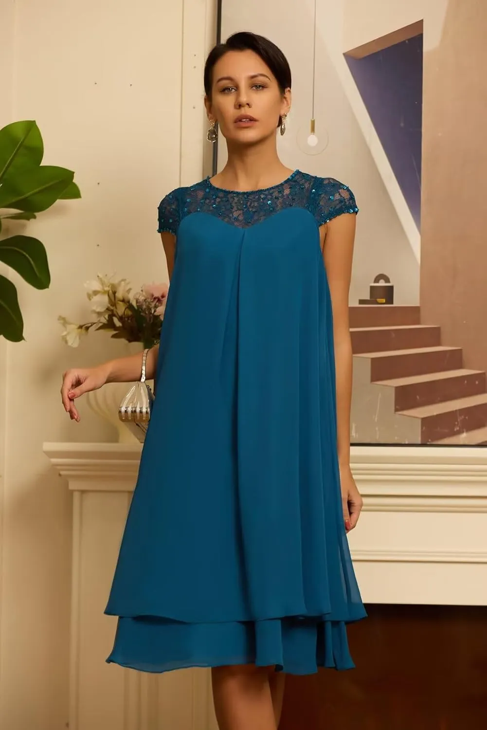 Cap Sleeve Chiffon Mother of The Bride Dresses Scoop Neck Sequins Laces Formal Evening Dress ZX83