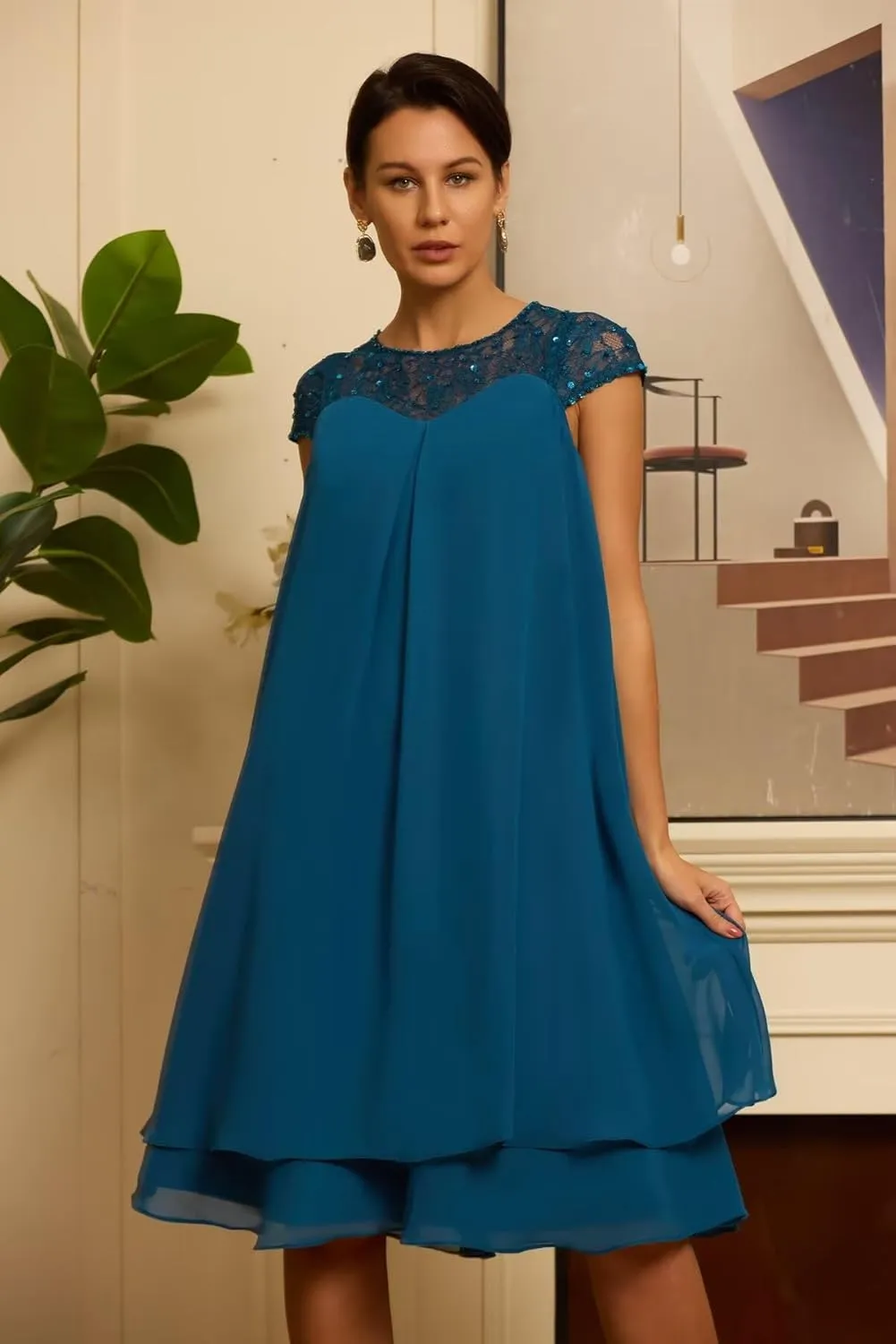 Cap Sleeve Chiffon Mother of The Bride Dresses Scoop Neck Sequins Laces Formal Evening Dress ZX83