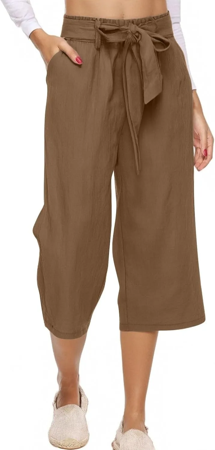Capri Pants for Women Summer Casual Linen Lounge Pants Cropped Straight Leg Drawstring Baggy Straight Leg Trousers