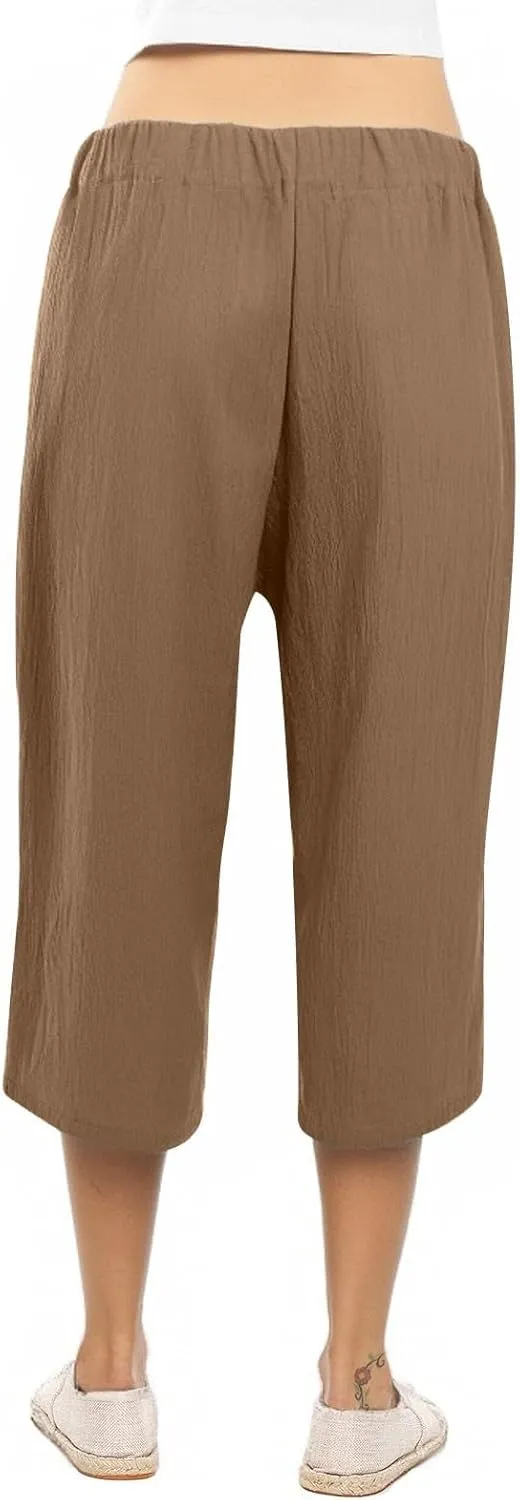 Capri Pants for Women Summer Casual Linen Lounge Pants Cropped Straight Leg Drawstring Baggy Straight Leg Trousers