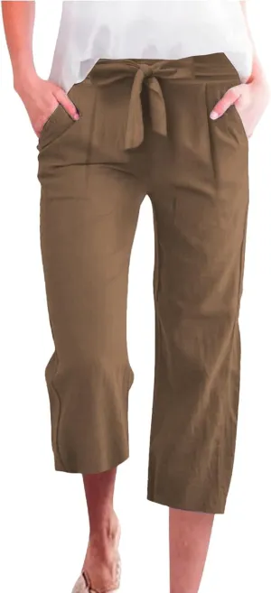 Capri Pants for Women Summer Casual Linen Lounge Pants Cropped Straight Leg Drawstring Baggy Straight Leg Trousers
