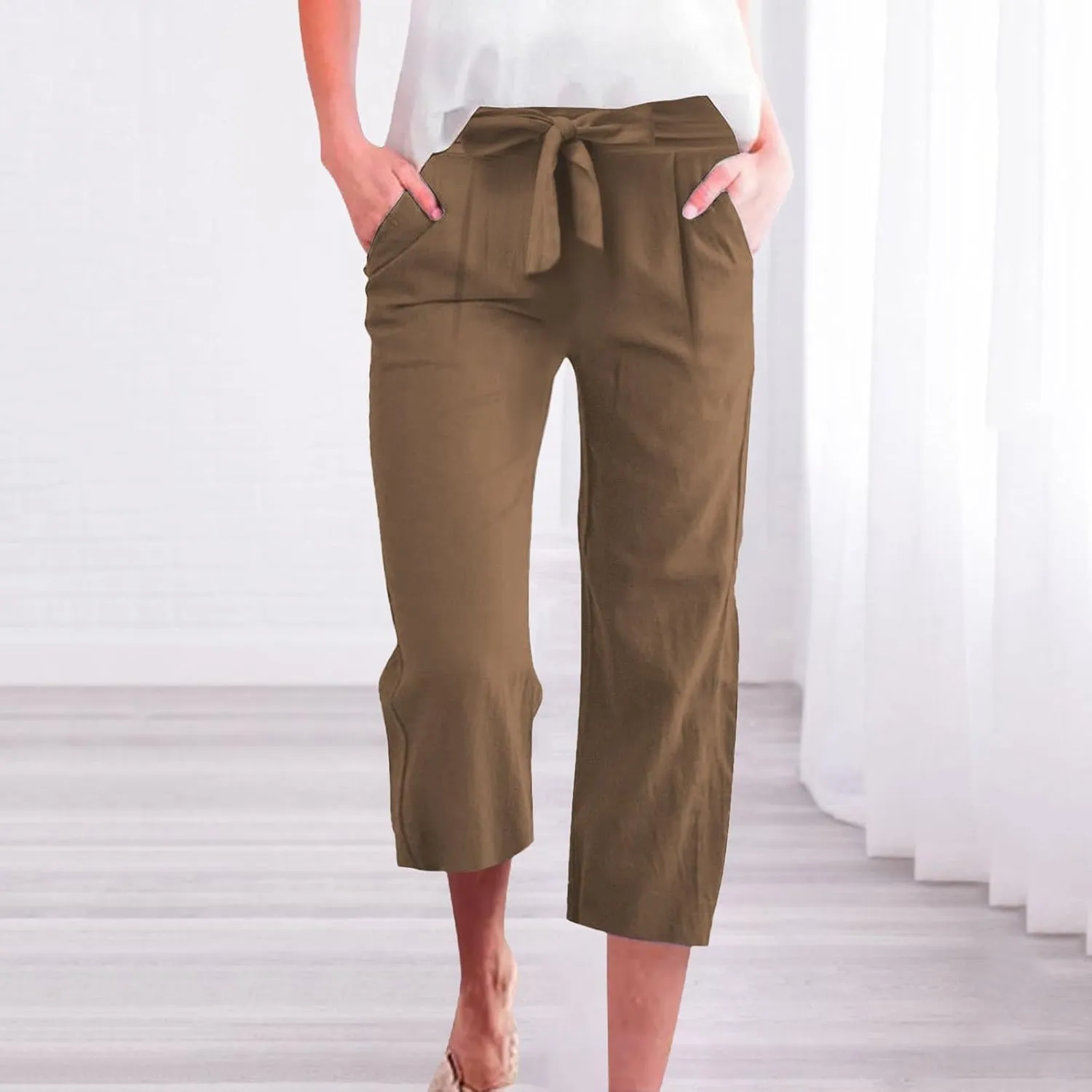 Capri Pants for Women Summer Casual Linen Lounge Pants Cropped Straight Leg Drawstring Baggy Straight Leg Trousers