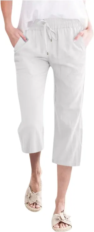 Capri Pants for Women Summer Linen Pants Wide Leg Drawstring Waist Cropped Slacks Casual Loose Trousers with Pockets