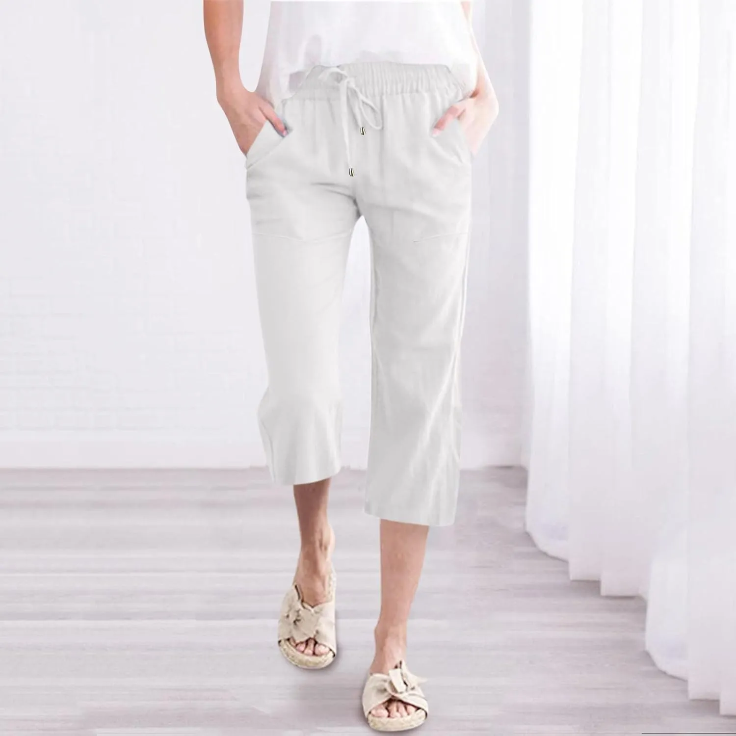Capri Pants for Women Summer Linen Pants Wide Leg Drawstring Waist Cropped Slacks Casual Loose Trousers with Pockets