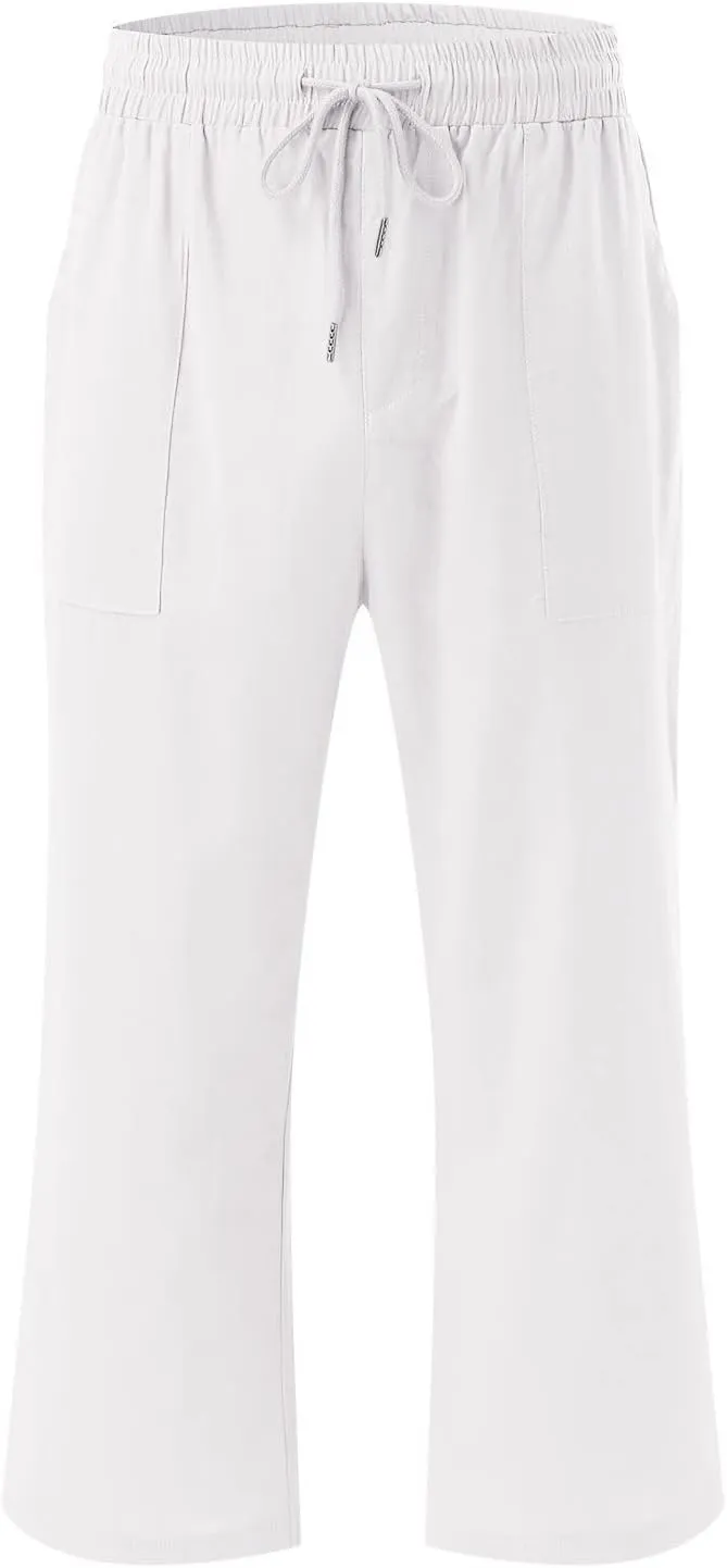 Capri Pants for Women Summer Linen Pants Wide Leg Drawstring Waist Cropped Slacks Casual Loose Trousers with Pockets