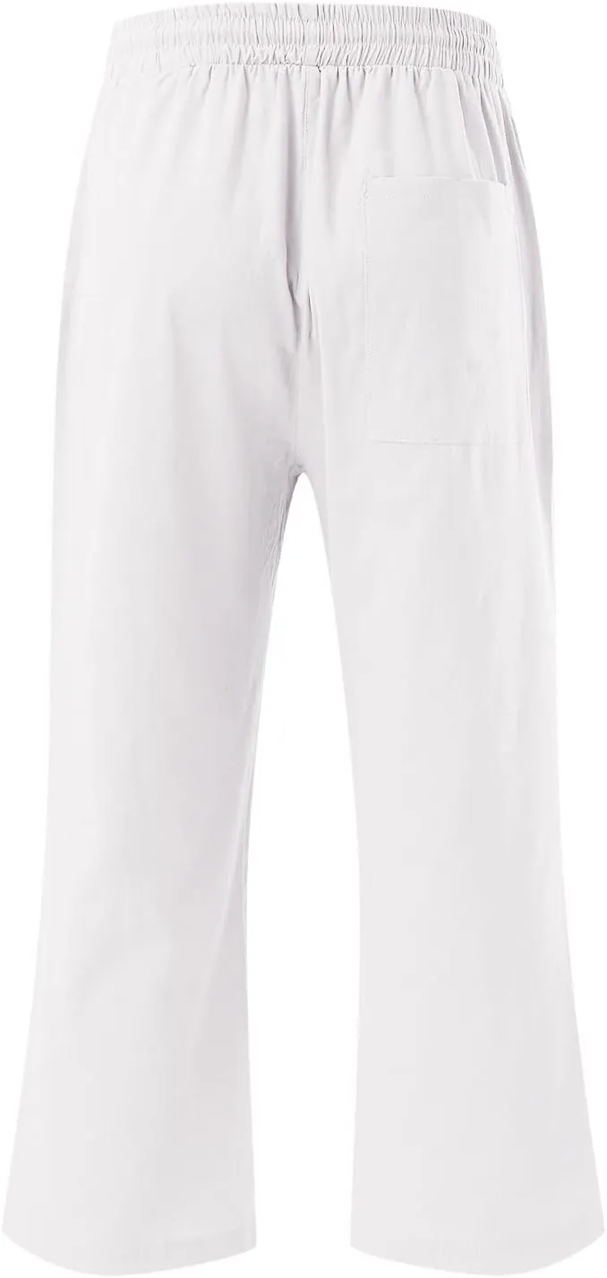Capri Pants for Women Summer Linen Pants Wide Leg Drawstring Waist Cropped Slacks Casual Loose Trousers with Pockets