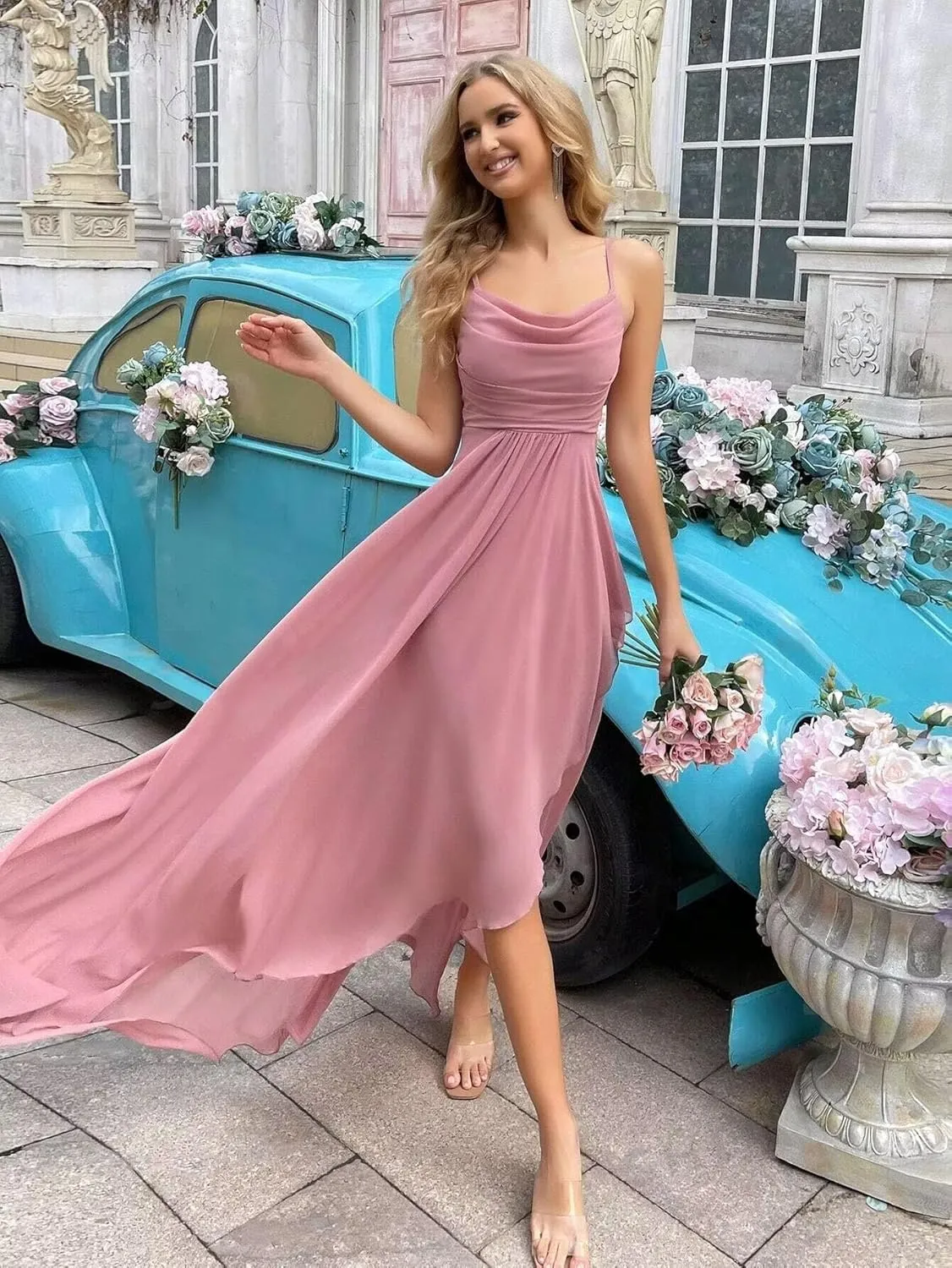 Chiffon Long Bridesmaid Dresses for Wedding 2025 Women's Spaghetti Straps Formal Evening Party Gown with Slit.